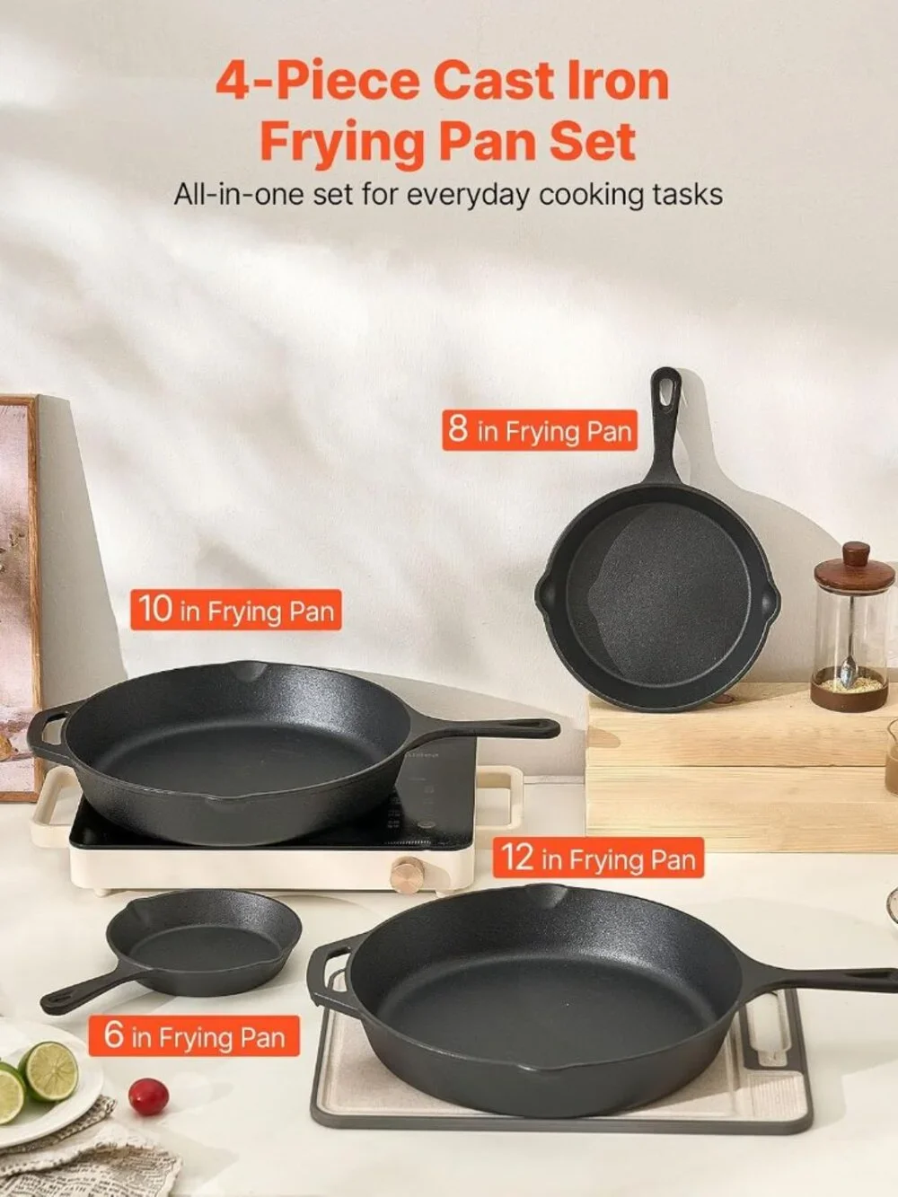 4-Piece Cast Iron Skillet Set - Pre-Seasoned Frying Pans with Silicone Handles
